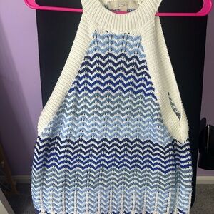 LOFT White and Light Blue Open-Knit Halter Sweater Tank